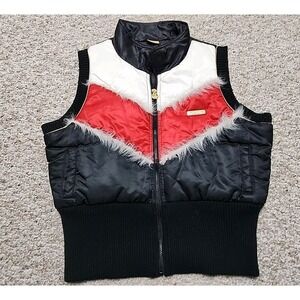 Apple Bottoms Crop Puffer Vest Size Large Black Red Fur Vintage